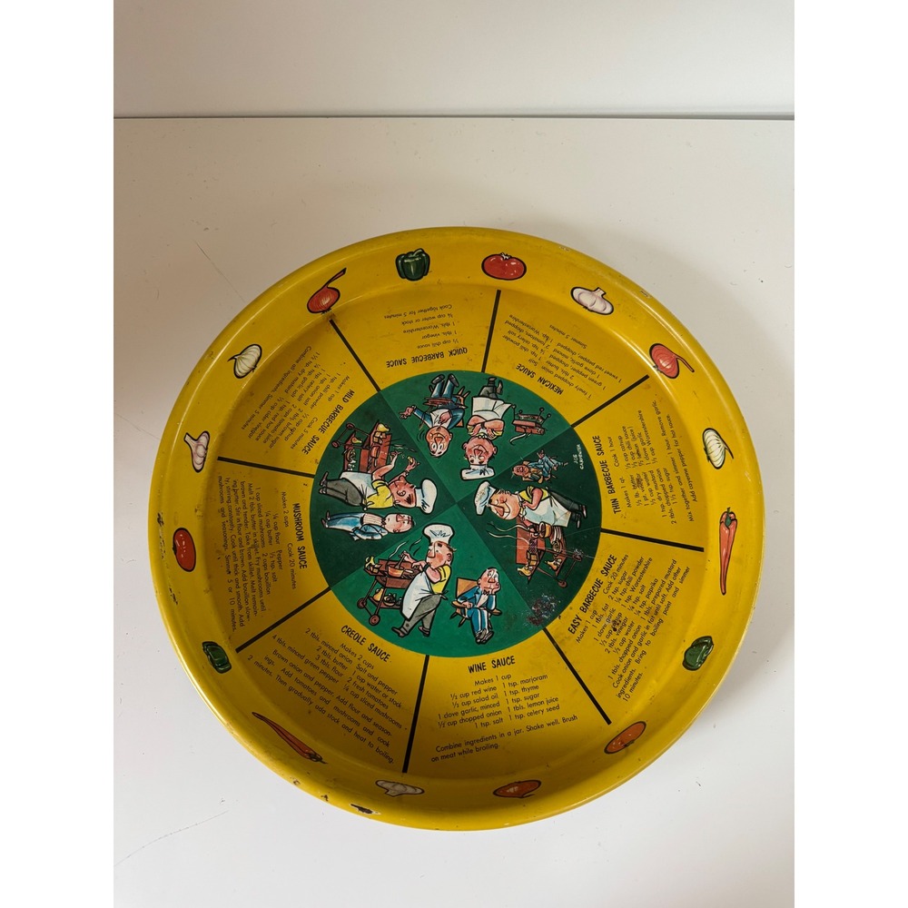 Vintage Masonware Joe Carpenter BBQ Sauce Recipe Metal Serving Tray Yellow 13in